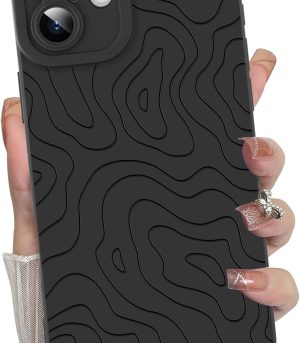 for iPhone 16 Case, Silicone Wave Ripple Cute Pattern, Camera Protection Soft Slim Phone Case for Phone Case -Black