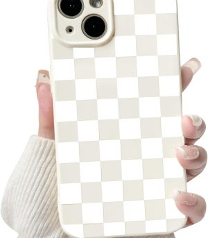 Compatible with iPhone 14 Case Cute Aesthetic Checkerboard Checkered Pattern for Women Girl Trendy Slim Fit TPU Silicone Shockproof Full Camera Protection Cover - White