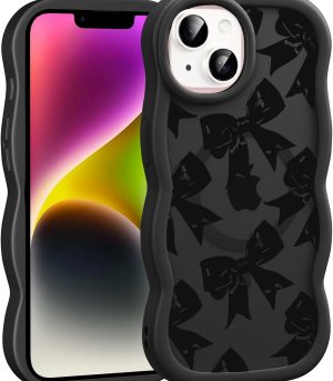 Cute Black Bow Phone Case for iPhone 13 / iPhone 14 6.1", Compatible with , Aesthetic Ribbon Bowknot Pattern Print Case Wavy Design Magnetic Women Girls Cover Shockproof Silicone Funda