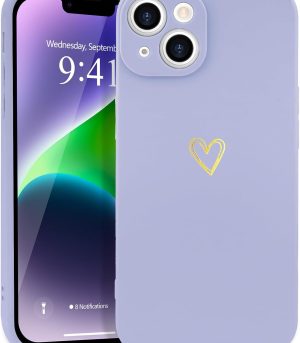 for iPhone 14 Case Cute Heart Pattern Soft Shockproof Protective Silicone Phone Case for Women Girls, Lilac Purple