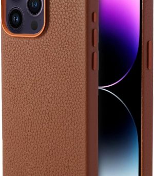 Genuine Leather Case for iPhone 15 Pro Max (6.7 inch) Top Litchi Grain Leather Magnetic Phone Case- Compatible with Magsafe - Brown