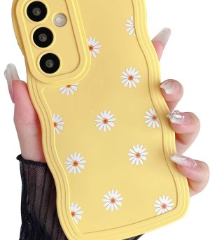 Compatible with Samsung Galaxy A15 5G Case,Unique Curly Wave Frame with Daisy Pattern,Soft Liquid Silicone Shockproof Full Coverage&Lens Protective Case for Samsung A15-Yellow