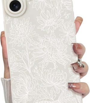 for iPhone 16 Case, Silicone Floral Flower Sunflower Cute Pattern, Camera Protection Soft Slim Phone Case for Phone Case -White