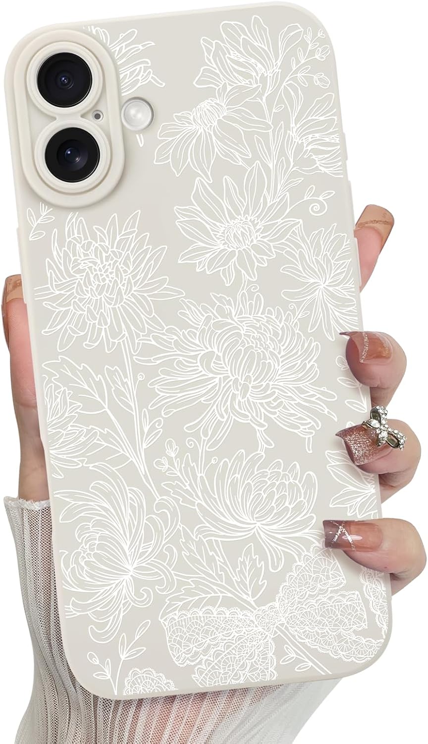 for iPhone 16 Case, Silicone Floral Flower Sunflower Cute Pattern, Camera Protection Soft Slim Phone Case for Phone Case -White