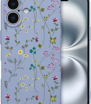 Floral Case for iPhone 16,Liquid Silicone Cover with Flower Branch Pattern Cute Phone Cover for Girls Women Slim Soft Rubber Protective Phone Case for iPhone 16 (6.1"),Gray