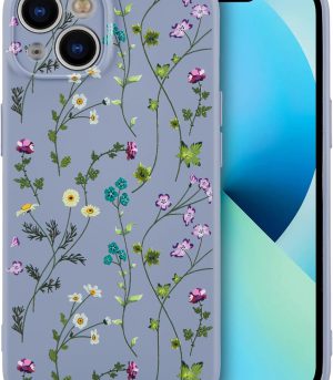 Floral Case for iPhone 13,Liquid Silicone Cover with Flower Branch Pattern Cute Phone Cover for Girls Women Slim Soft Rubber Protective Phone Case for iPhone 13 (6.1"),Gray