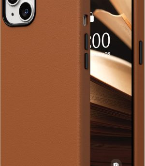 Compatible with iPhone 13 Case, Premium Faux Leather Phone Case (with Metallic Buttons & Microfiber Lining) for 13 (6.1 inch 2021), Brown